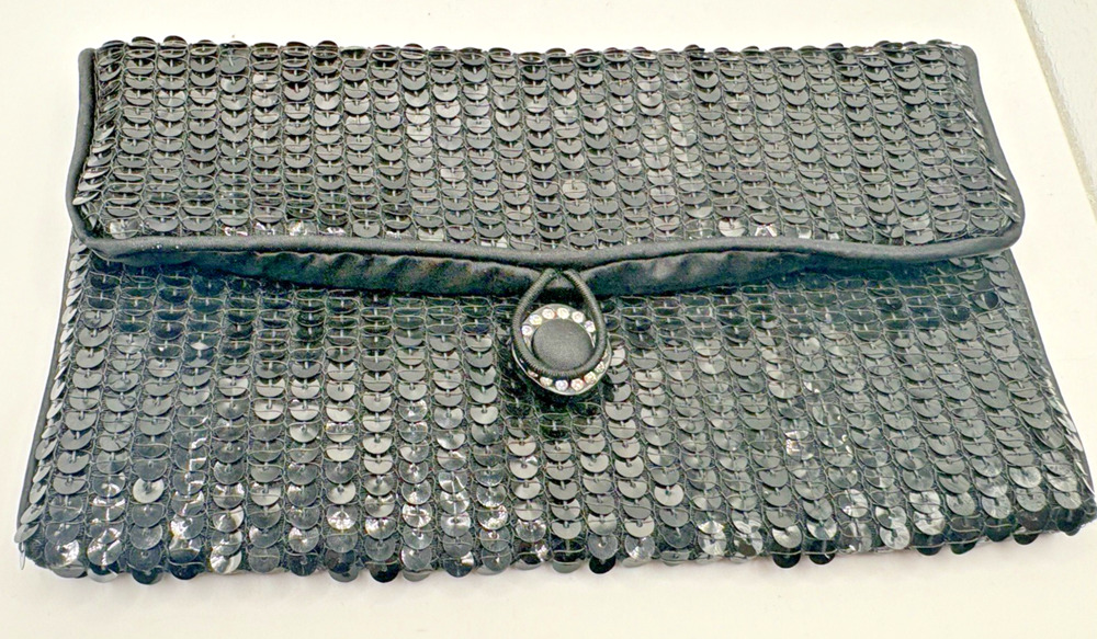 Vintage Norell Black Sequin Satin Clutch Evening Bag Purse Rhinestone Clasp